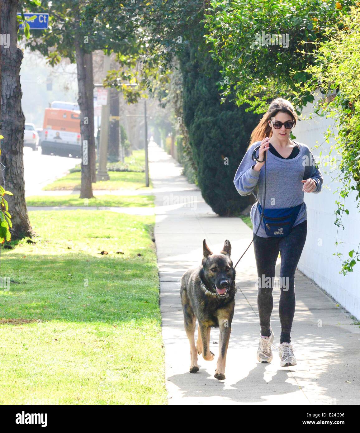 Nikki Reed out jogging with her german shepard dog. Los Angeles