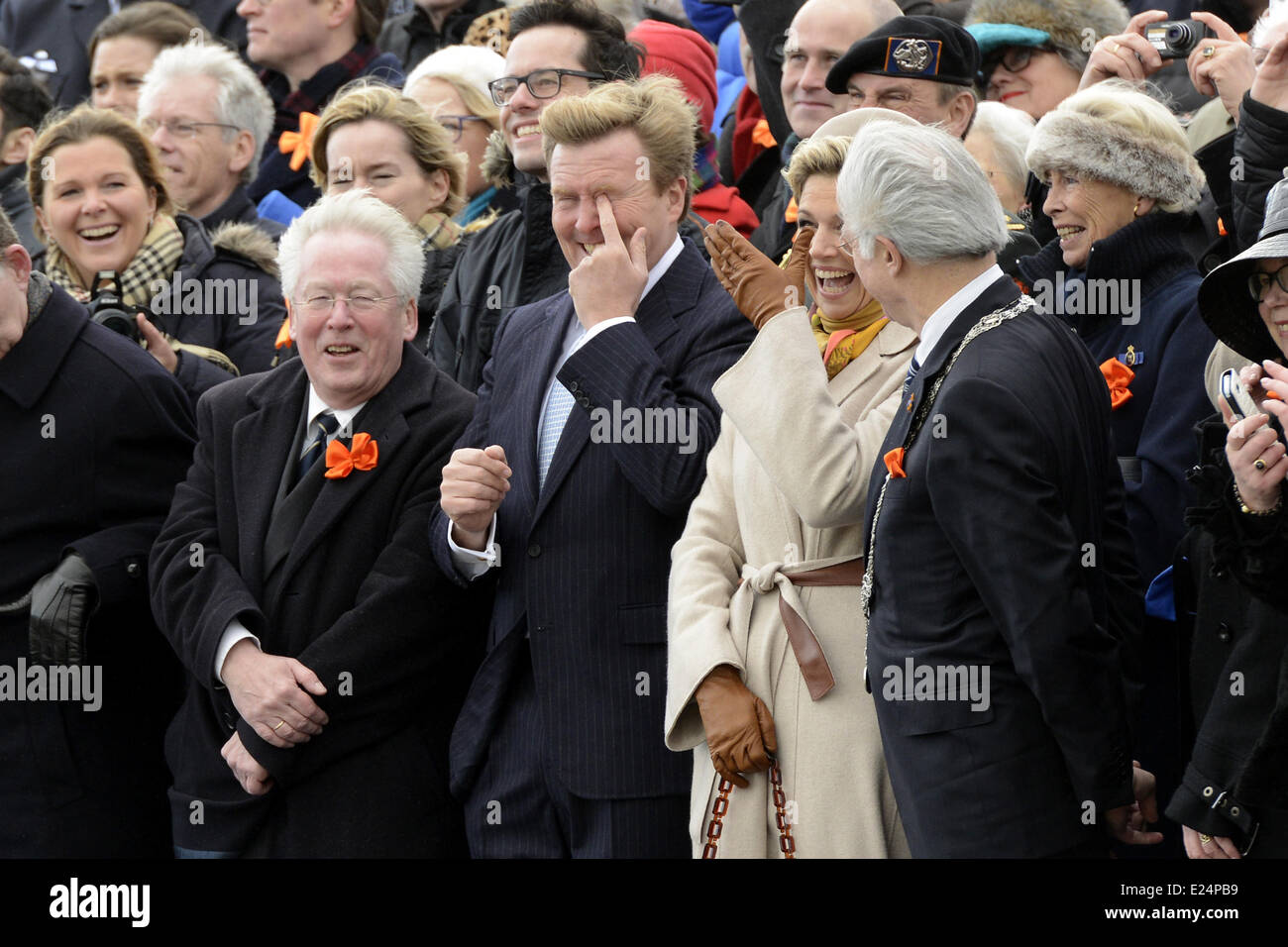 King Willem-Alexander of the Netherlands, Queen Maxima of the Netherlands attending a re-enactment of the historic landing of Prince Willem Frederik, later King William I, in the coastal district of Scheveningen.  Featuring: King Willem Alexander,Queen Maxima Where: Scheveningen, Netherlands When: 01 Dec 2013 Stock Photo