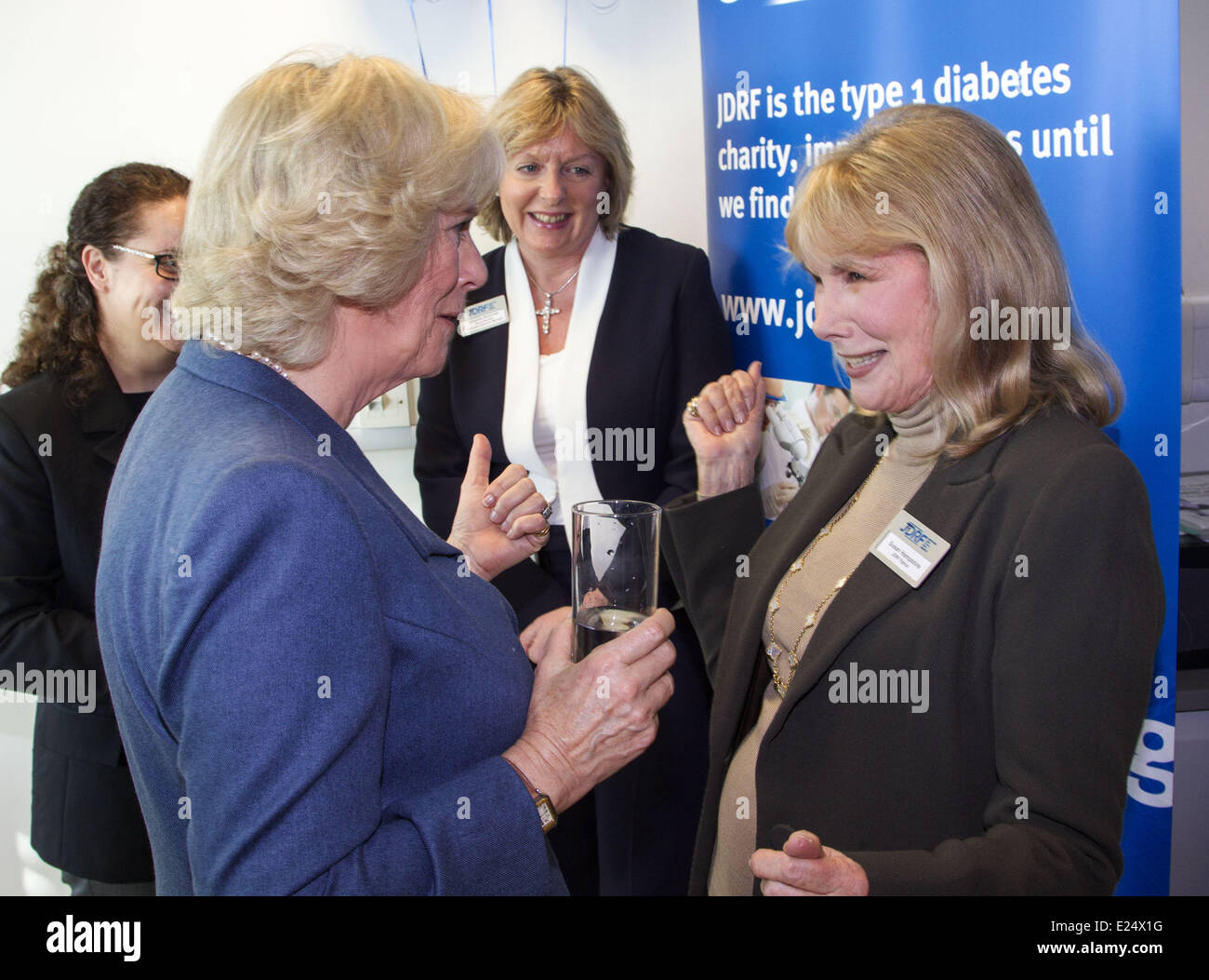 Camilla, Duchess of Cornwall, meets diabetes patients and their families in the University College Hospital Inpatient Adolescent Ward and tours the ward's school room and games room before attending a reception with staff and JDRF supporters at The University College Hospital. Camilla, who is President of the JDRF type 1 diabetes charity, plays pool with a young patient at the unit and War Horse actor Jeremy Irvine, who suffers from the condition  Featuring: Camilla,Duchess of Cornwall Where: London, Royaume Uni When: 31 Jan 2013 Stock Photo