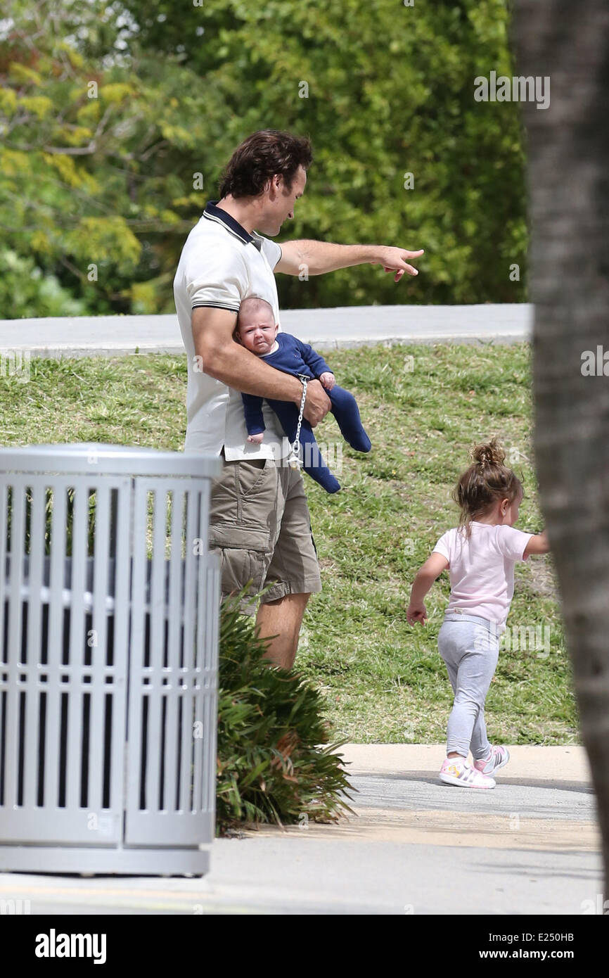 Former tennis star Carlos Moya spends the day with his family while on holiday  Featuring: Carlos Moya,Carolina Cerezuela,Carla Moya,Carlos Moya Jr. Where: Miami, Florida, United States When: 19 Feb 2013 Stock Photo