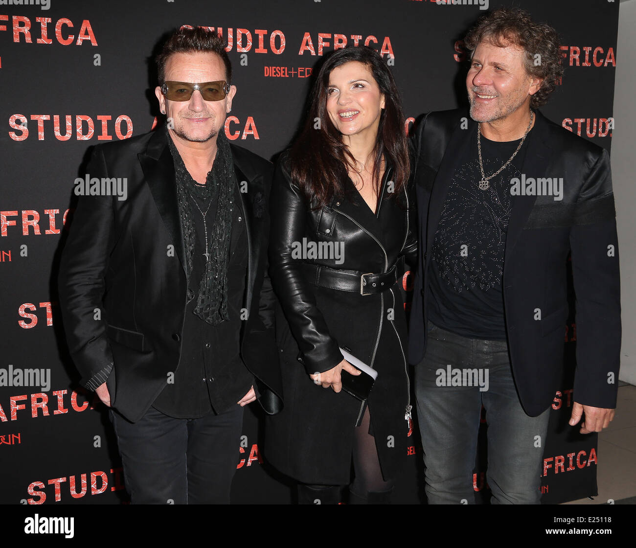 Bono and wife Ali Hewson and Diesel President, Renzo Rosso  Diesel+Edun's launch Party for Studio Africa Live held at Theatre Gaite Lyrique  Featuring: Bono,Ali Hewson,Renzo Rosso Where: Paris, France When: 03 Mar 2013 Stock Photo
