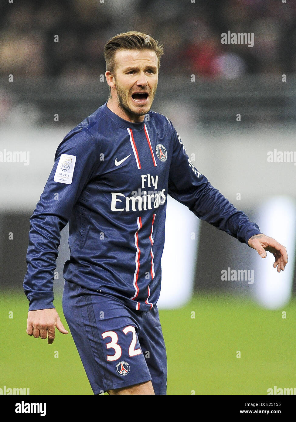 David Beckham of Paris Saint-Germain (PSG) in action during the French  Ligue 1 match between Stade de Reims Champagne FC and Paris Saint-Germain  FC at the Stade Auguste Delaune Featuring: David Beckham