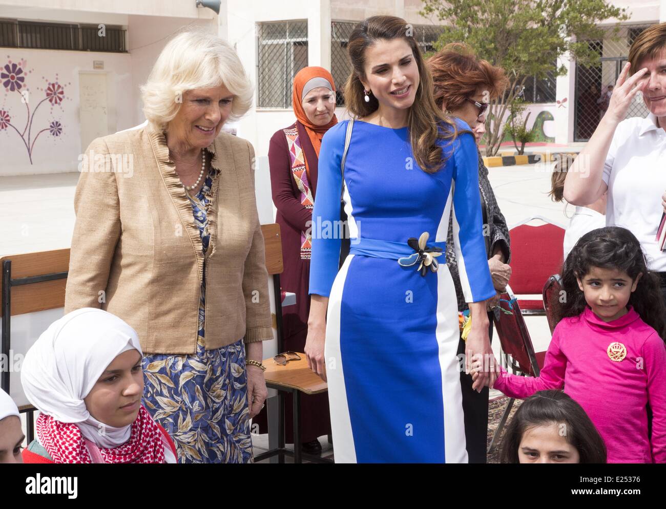 Camilla,Duchess of Cornwall is accompanied by HM Queen Rania of Jordan  visit a local girls school in Amman on the first day of her official visit  to Jordan with Prince Charles Featuring: