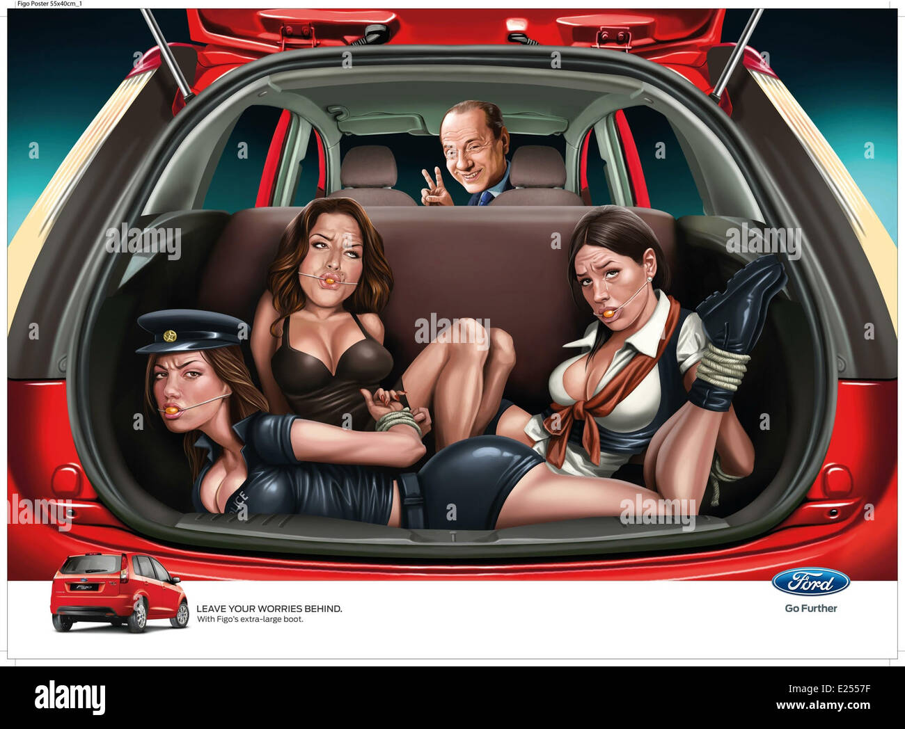 A series of controversial advertisements made for Ford have shaken up India’s fast-growing, multi billion-dollar advertising industry. One of the ads, created by the WPP subsidiary JWT India, features cartoons of women bound and gagged in the trunk of a Ford Figo. A backlash over the commercials prompted the resignation of Bobby Pawar, the chief creative officer and managing partner at JWT India, and Vijay Simha Vellanki, the creative director at Blue Hive, a WPP unit dedicated to managing the Ford business.  Featuring: Silvio Berlusconi Where: Mumbai, India When: 02 Apr 2013 Stock Photo