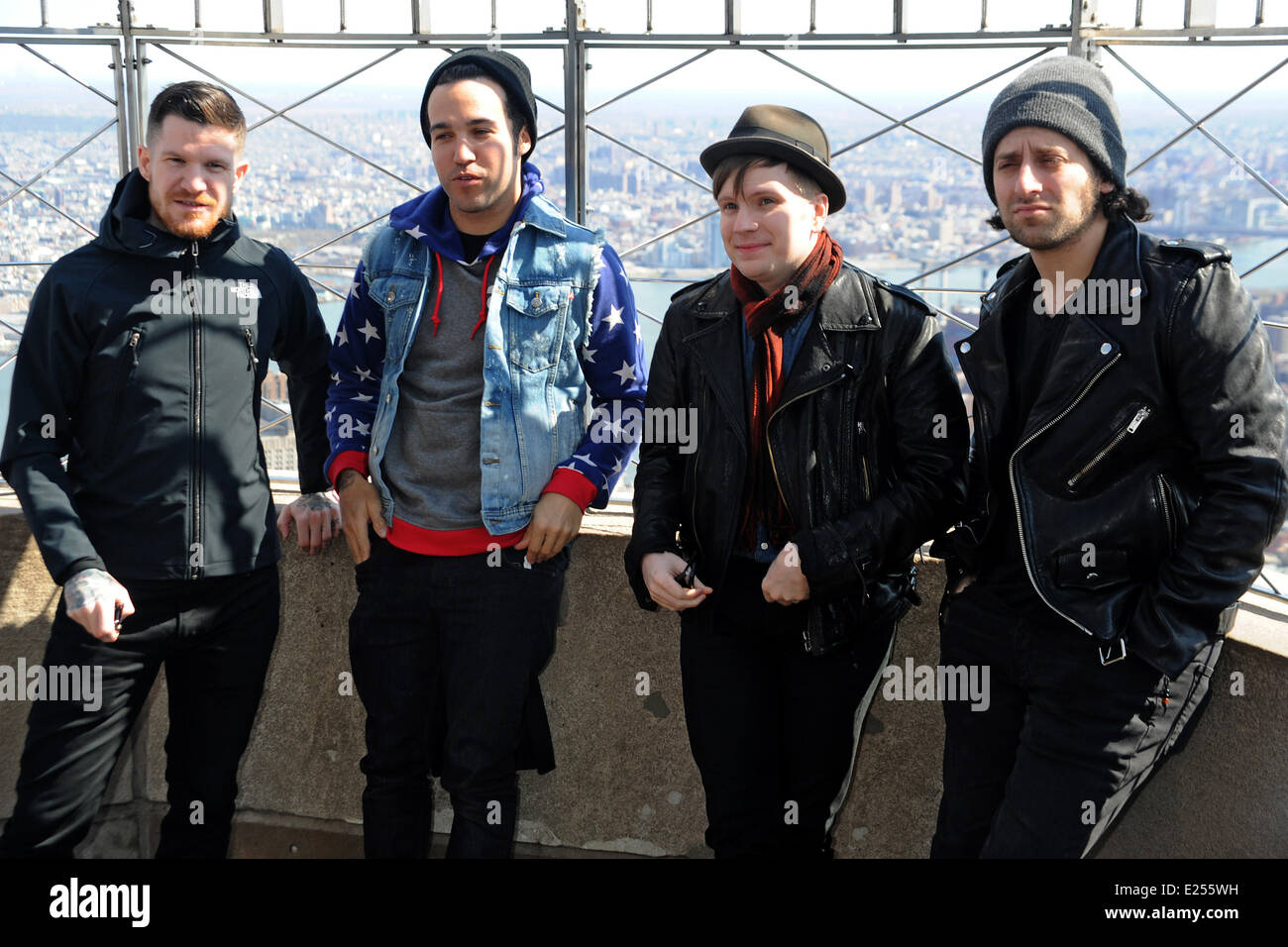 Punk rock band Fall Out Boy promote their new album 'Save Rock and Roll' during a photocall on the Empire State Building's 86th floor observatory  Featuring: Fall Out Boy,Andy Hurley,Pete Wentz,Patrick Stump,Joe Trohman Where: New York, NY, United States When: 15 Apr 2013 Stock Photo