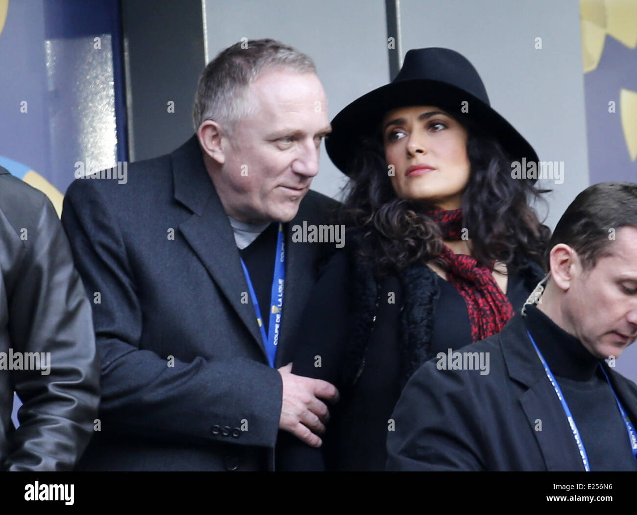 Salma Hayek watches AS Saint-Etienne vs Rennes in the French League Cup