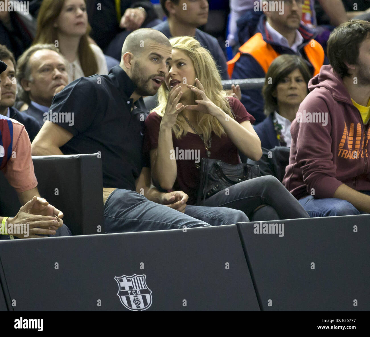 Shakira and boyfriend Gerard Pique look very much in love as they watch the  Euroleague basketball clash between Barcelona Regal and Panathinaikos  Featuring: Shakira,Gerard Pique Where: Barcelona, Spain When: 25 Apr 2013