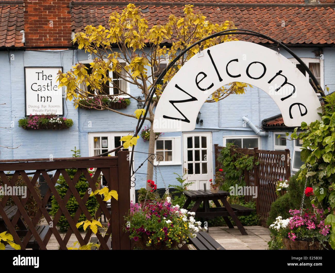 Welcome Sign to Pub Beer Garden Stock Photo