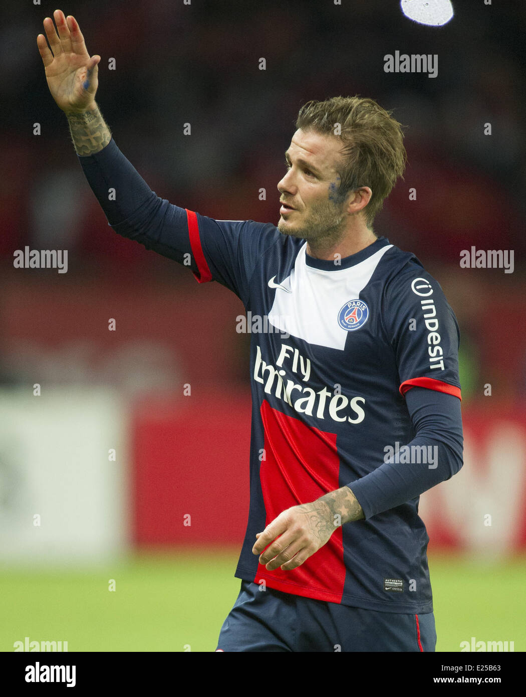 David Beckham last game in French L1 football match between Paris St Germain  and Brest. Paris St Germain beat Brest, 3-1. in the game which David Beckham  was made captain. Featuring: David