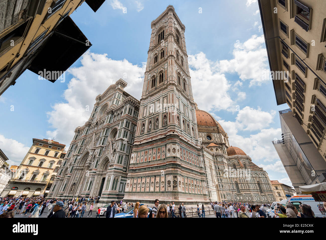 Wide angle view of Piazza San Giovanni, Giotto's Campanile and the Duomo in Florence Stock Photo