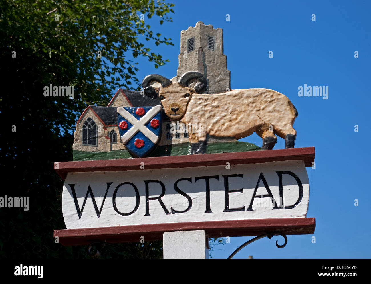 The Sign of the Village of Worstead in Norfolk, famous for its cloth and weaving heritage. Stock Photo
