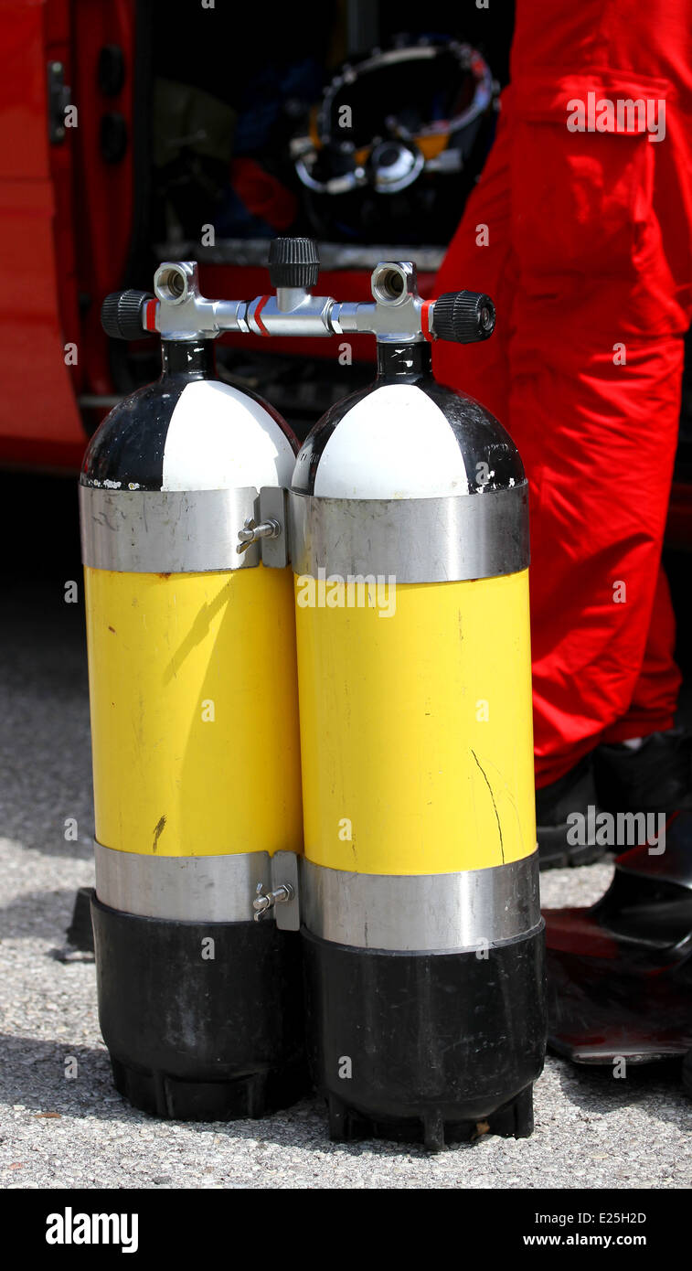 large diving cylinders used by fire department divers group Stock Photo Alamy