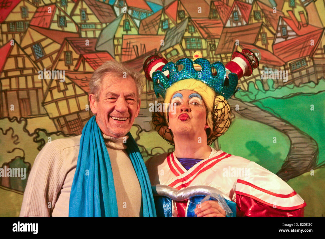 British actor Sir Ian McKellen with Pantomime Dame in London's West End Theatre Stock Photo