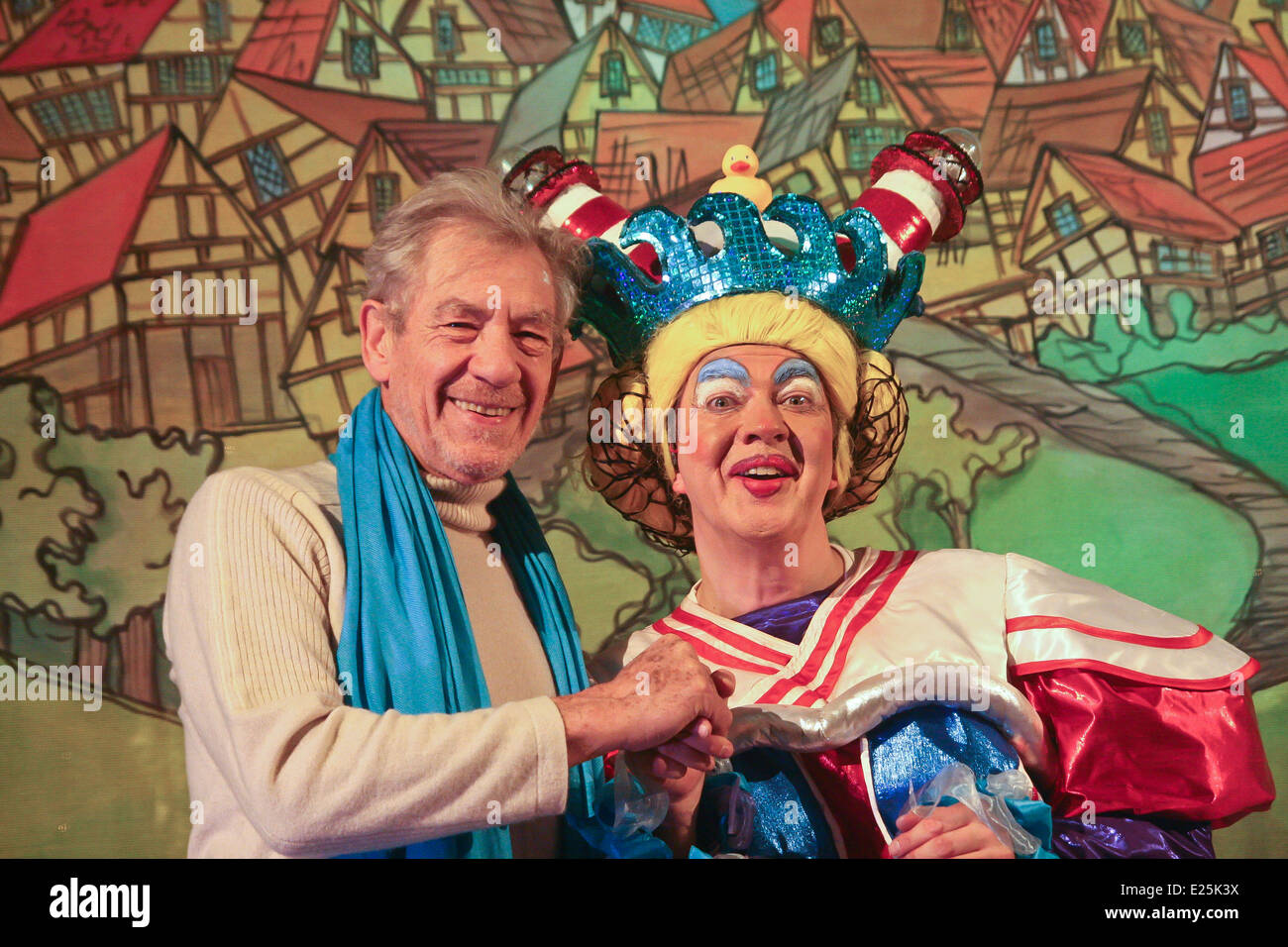 British actor Sir Ian McKellen with Pantomime Dame in London's West End Theatre Stock Photo