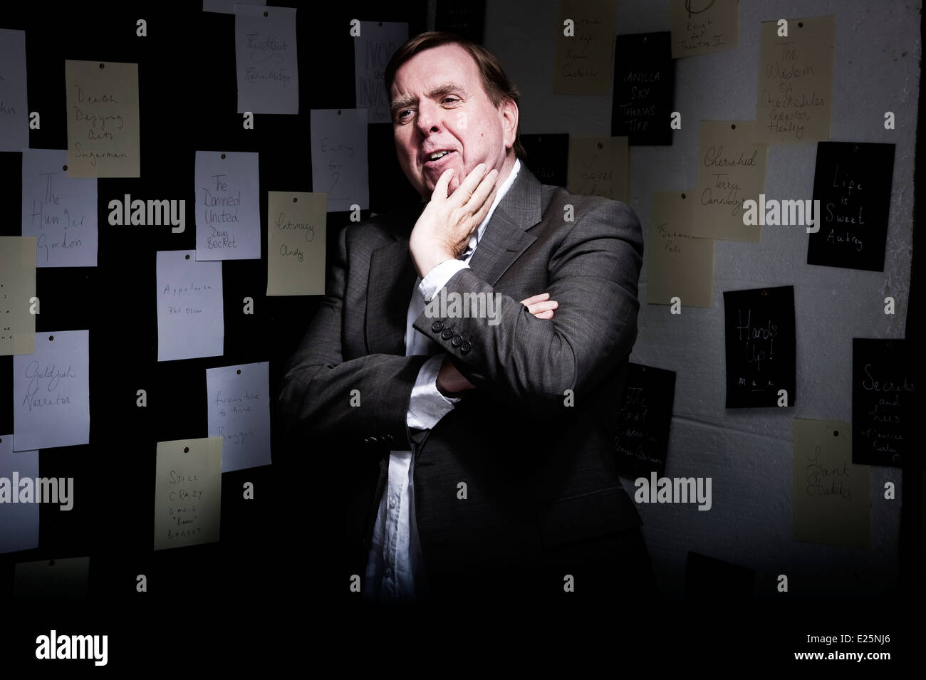 Portraits of Timothy Spall OBE from private previously unpublished shoot. The backdrop is all the films & characters he's played Stock Photo