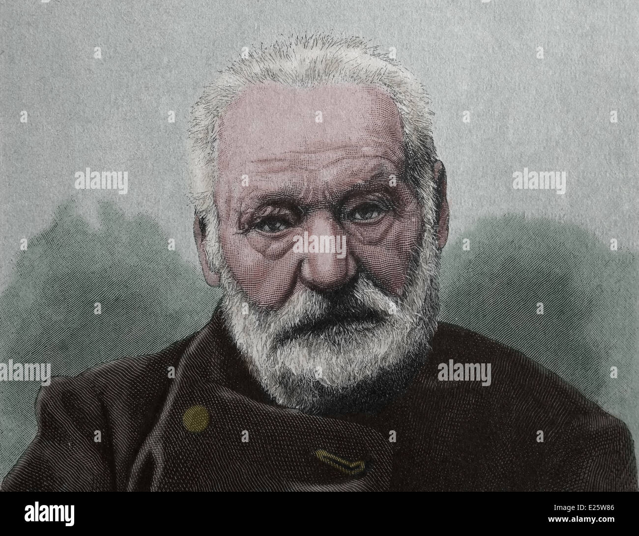 Victor Hugo (1802-1885). French poet, novelist and dramatist of the Romantic movement. Engraving. Color. Stock Photo