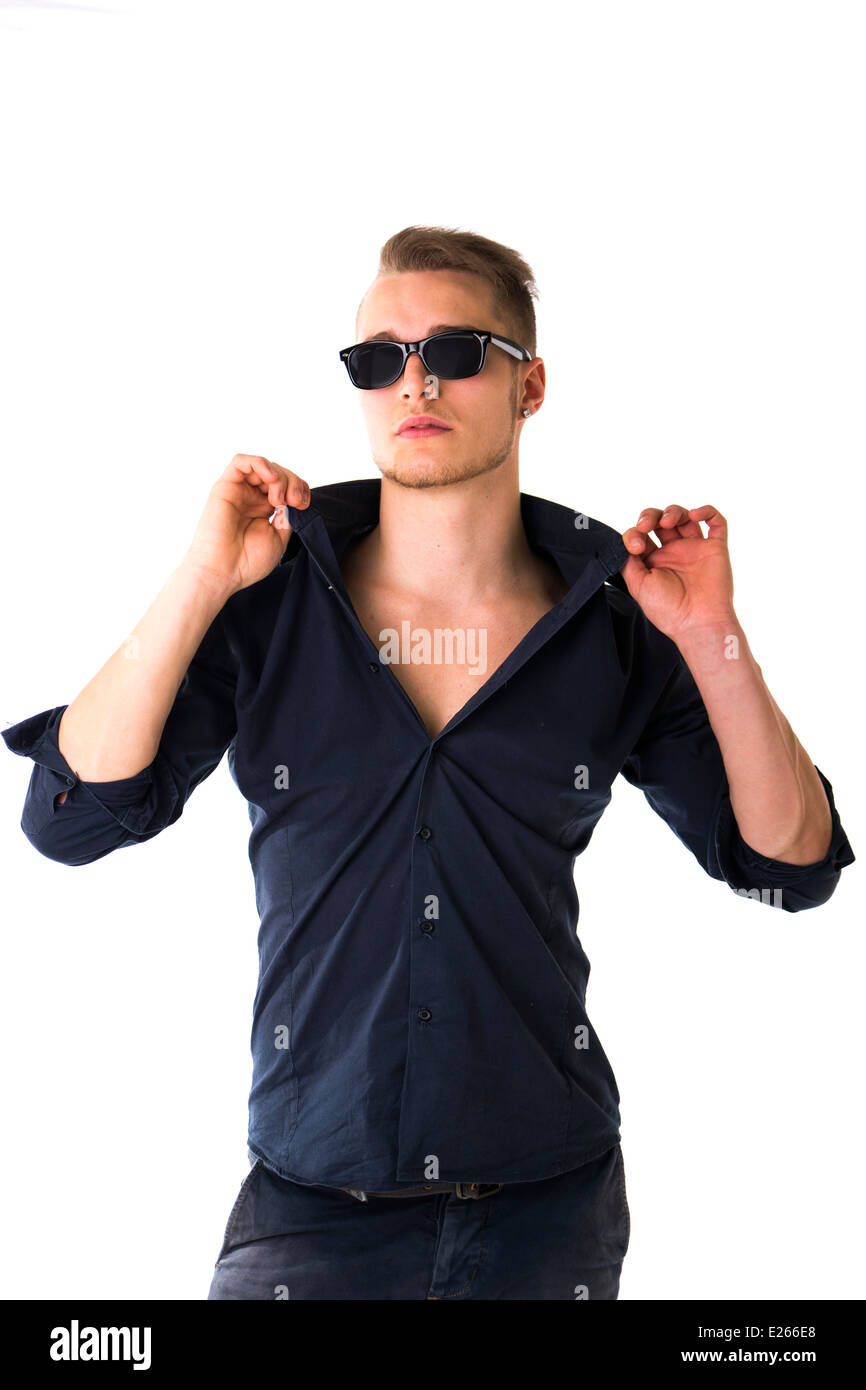 Cool confident blond young man with sunglasses and blue shirt, isolated on  white Stock Photo - Alamy