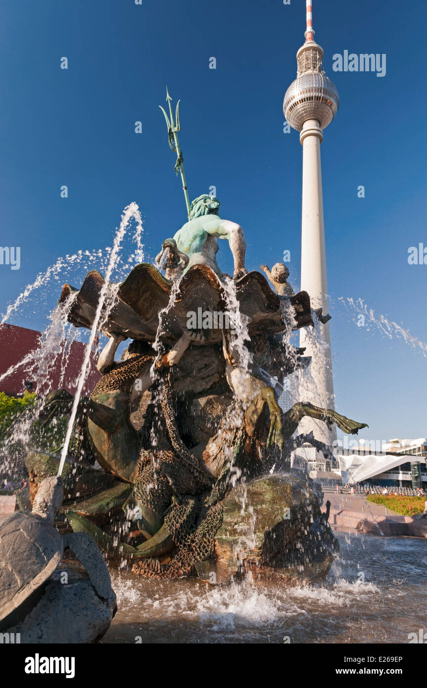 Neptune Fountain and TV Tower Berlin Germany Stock Photo