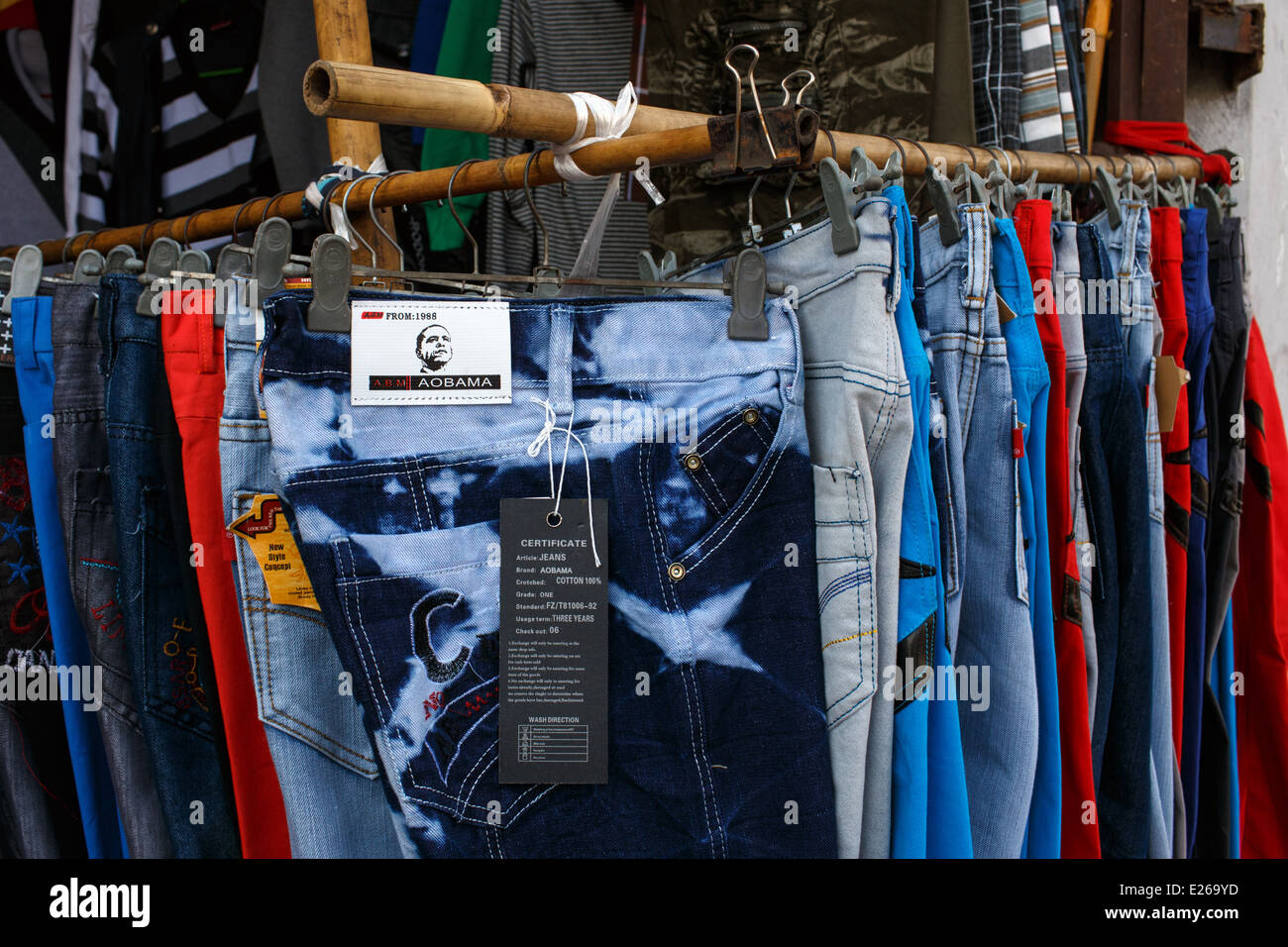 https://c8.alamy.com/comp/E269YD/aobama-jeans-with-a-logo-showing-barack-obama-for-sale-at-the-market-E269YD.jpg