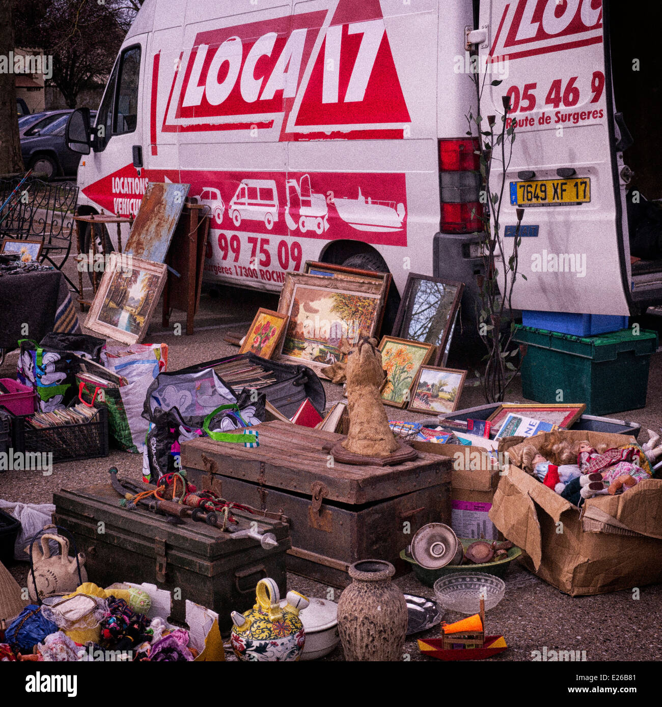 Brocante markets are a national past time where all sorts of antiques and junk are offered for sale, usually on a summer Sunday. Stock Photo