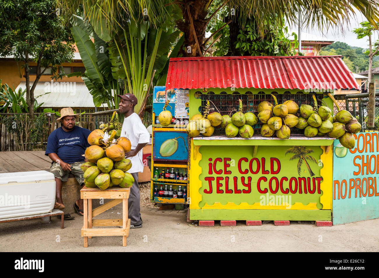 A street kiosk with coconuts for sale at the port of Ocho Rios, Jamaica