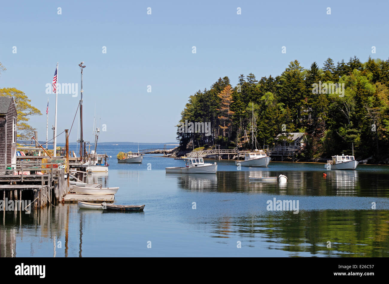 Maine coast Pemaquid New Harbor lobster lobster dock with boats Stock