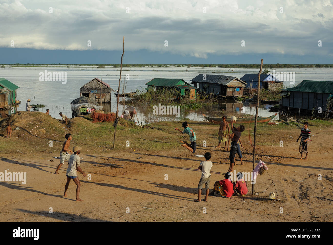 Volleyball game in the floating village of Chong Kneas Stock Photo