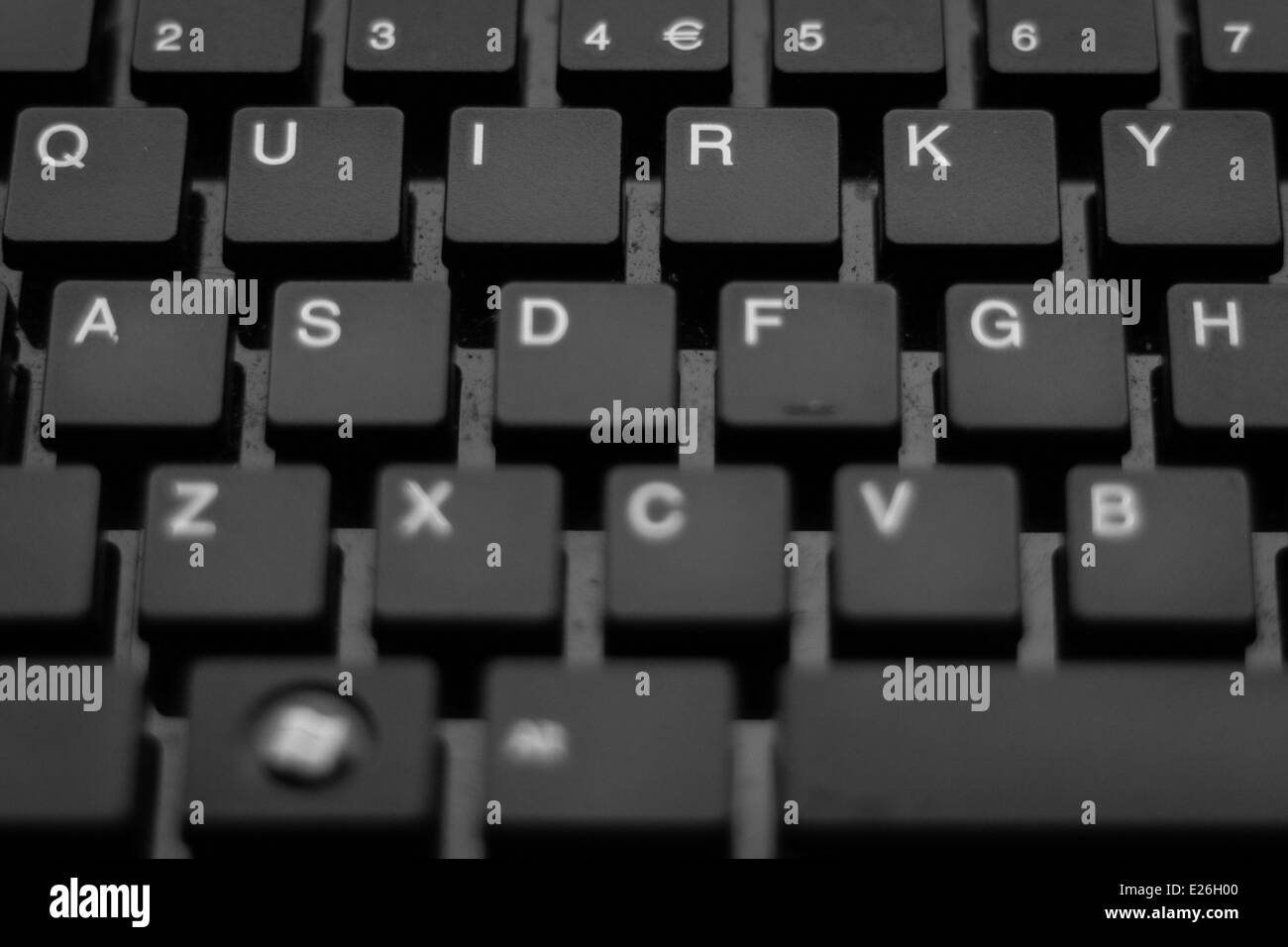 Rearranged letters on a keyboard spelling out the word 'Quirky' where usually the word 'Qwerty' is seen. Stock Photo
