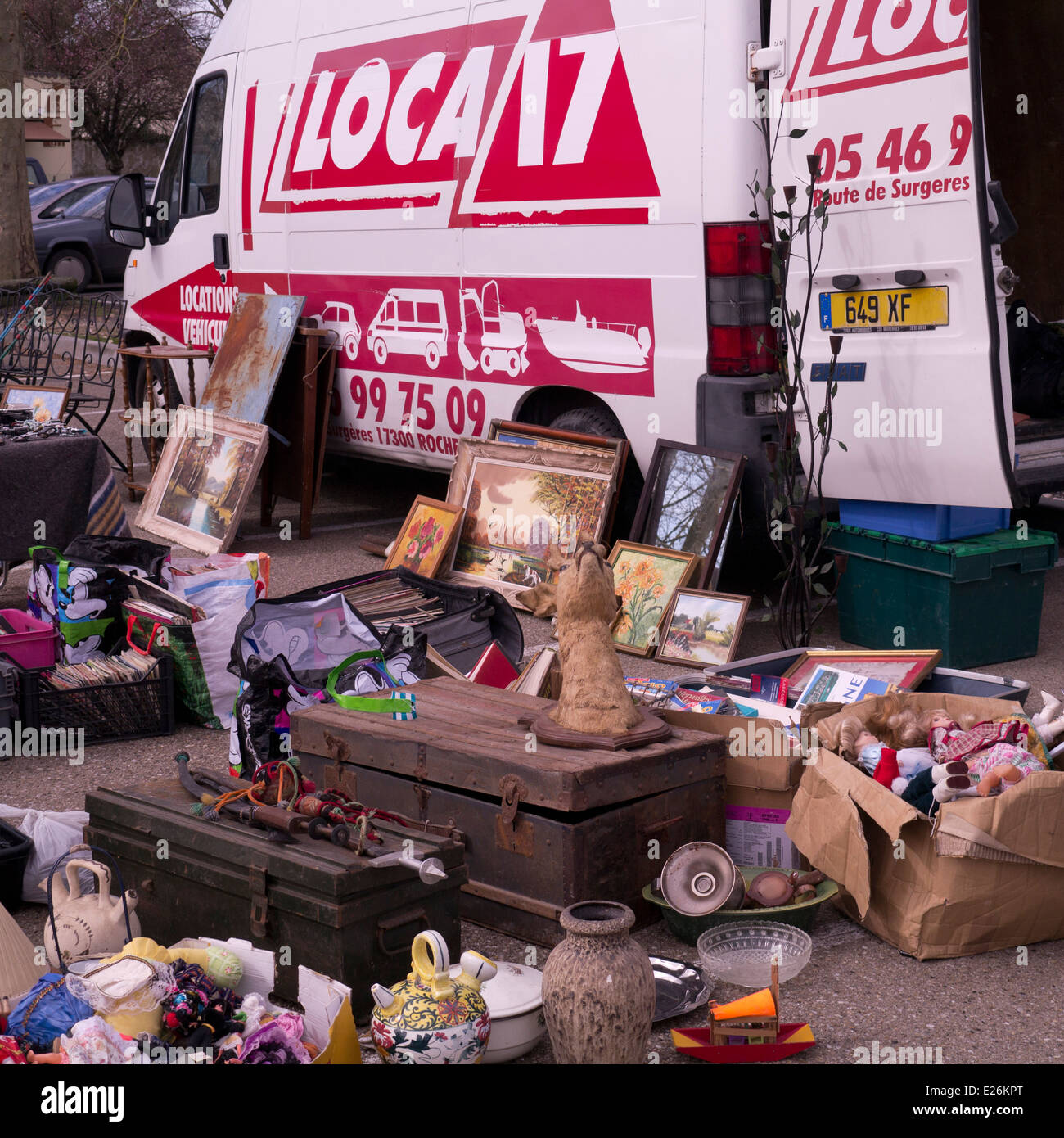 Brocante markets are a national past time where all sorts of antiques and junk are offered for sale, usually on a summer Sunday. Stock Photo
