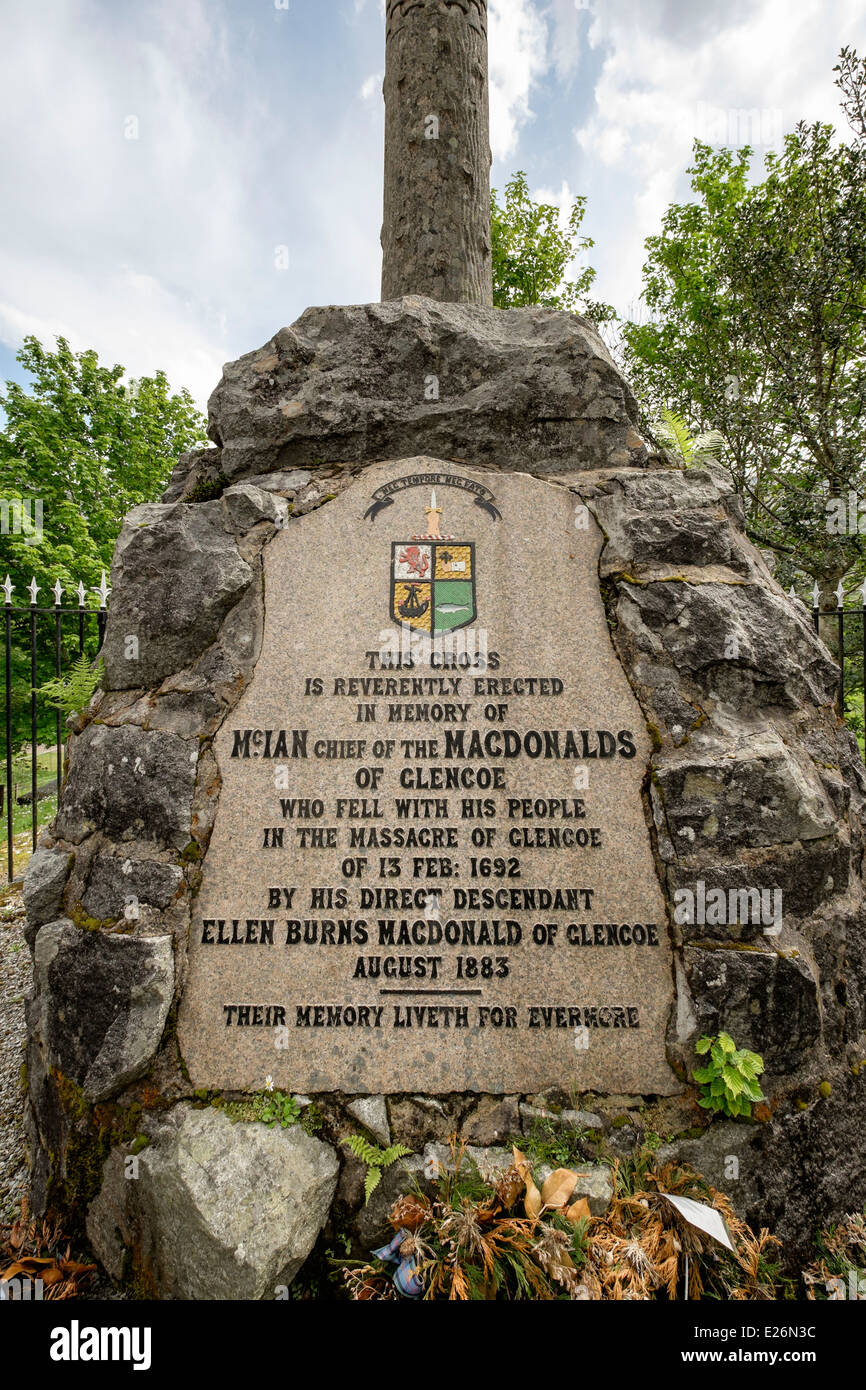 Inscription on the Glen Coe Massacre Monument to the MacDonalds clan massacred in 1692. Glencoe Highland Scotland UK Britain Stock Photo