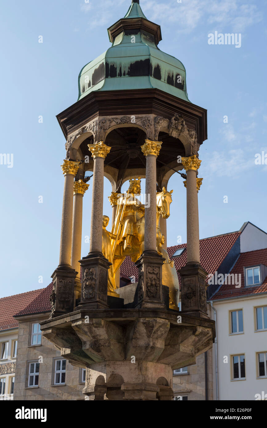 Statue of the golden rider at the old market of Magdeburg (Germany) Stock Photo