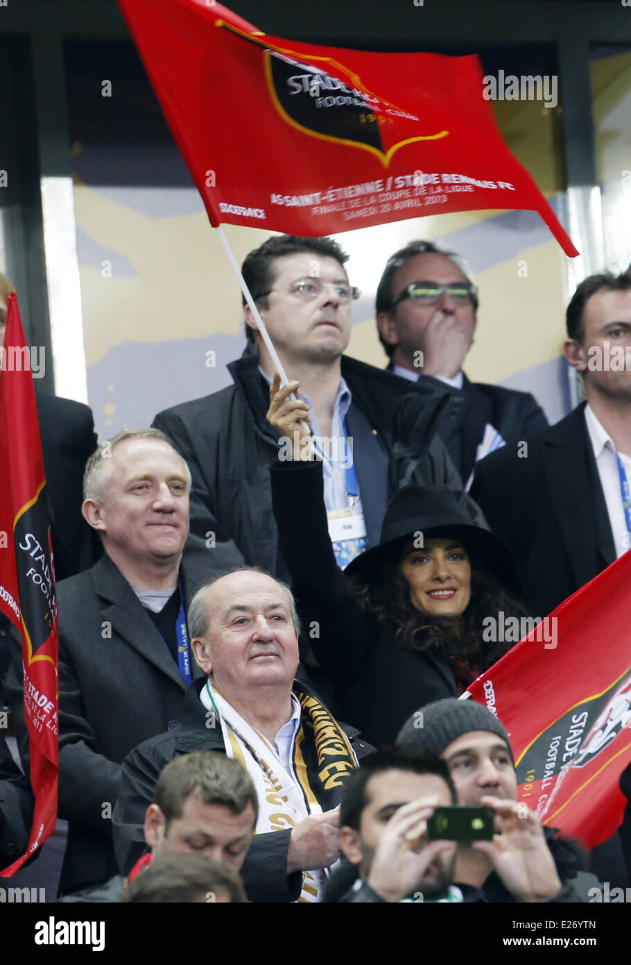 Salma Hayek watches AS Saint-Etienne vs Rennes in the French League Cup