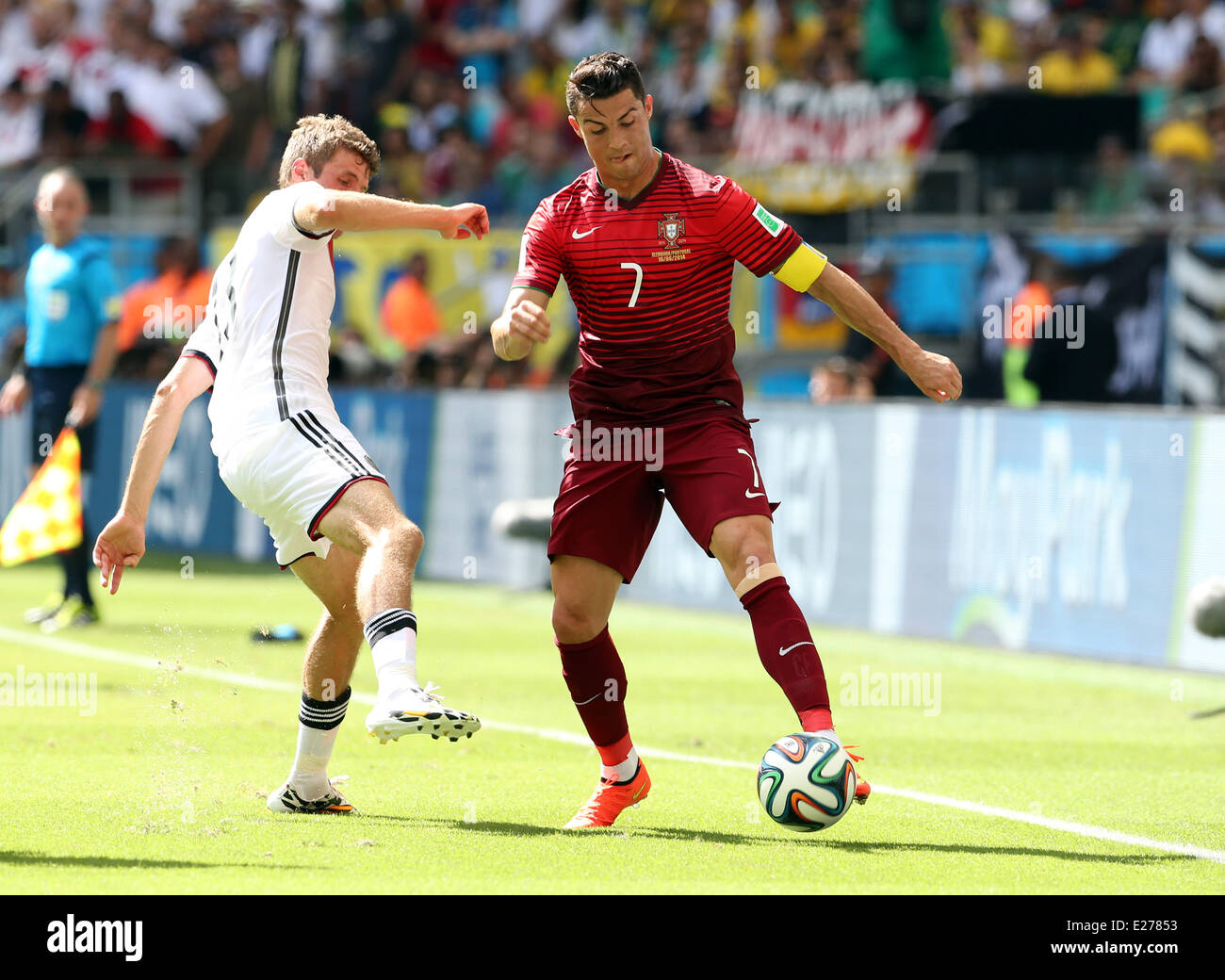 Savador, Brazil. 16th June, 2014. World Cup finals 2014. Germany versus Portugal. Cristiano Ronaldo gets along the wing past the challenge Credit:  Action Plus Sports/Alamy Live News Stock Photo