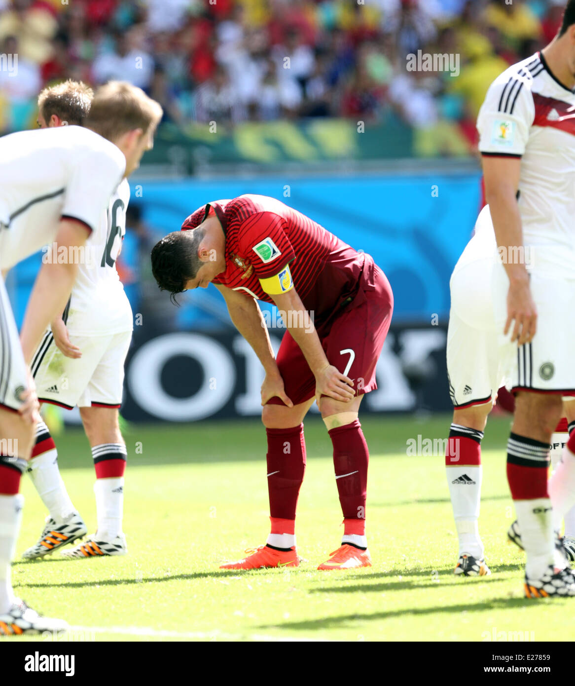 Savador, Brazil. 16th June, 2014. World Cup finals 2014. Germany versus Portugal. Cristiano Ronaldo is dejected at the end of first half Credit:  Action Plus Sports/Alamy Live News Stock Photo