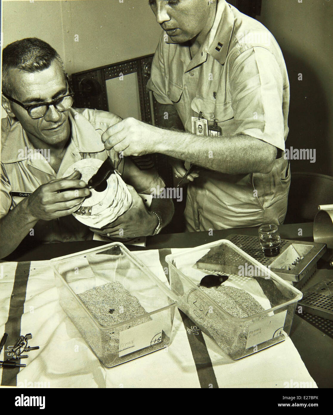 This image shows preparations for launching mice aboard an Atlas rocket ...