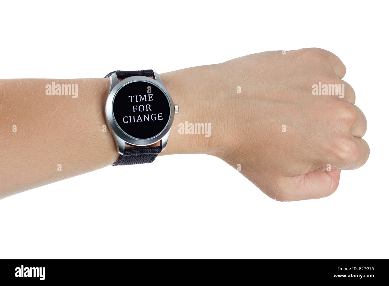 A hand wearing a black wrist watch. Time for change concept Stock Photo