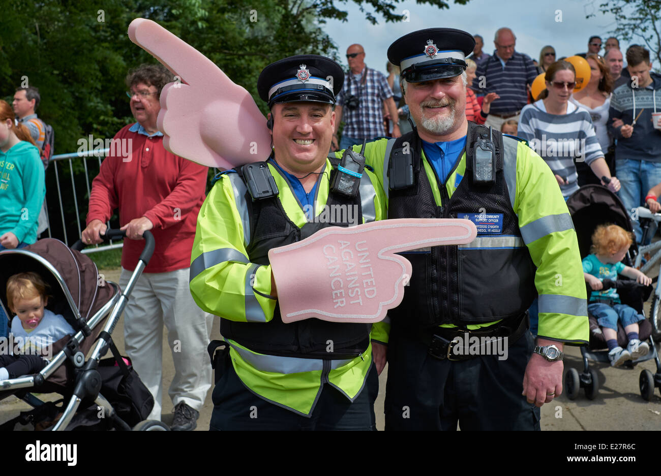 Police community support officers at Race for Life Cancer charity event, Bridgend Wales UK Stock Photo