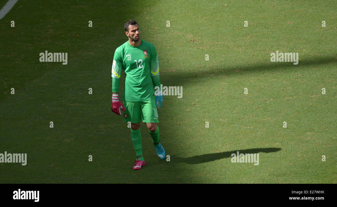 Salvador da Bahia, Brazil. 16th June, 2014. Salvador da Bahia, Brazil.  16th June, 2014. Salvador, Brazil. 16th June, 2014. Portugal's goalkeeper Rui Patricio walks on the pitch during the FIFA World Cup 2014 group G preliminary round match between Germany and Portugal at the Arena Fonte Nova in Salvador, Brazil, 16 June 2014. Photo: Thomas Eisenhuth/dpa/Alamy Live News Credit:  dpa picture alliance/Alamy Live News Stock Photo