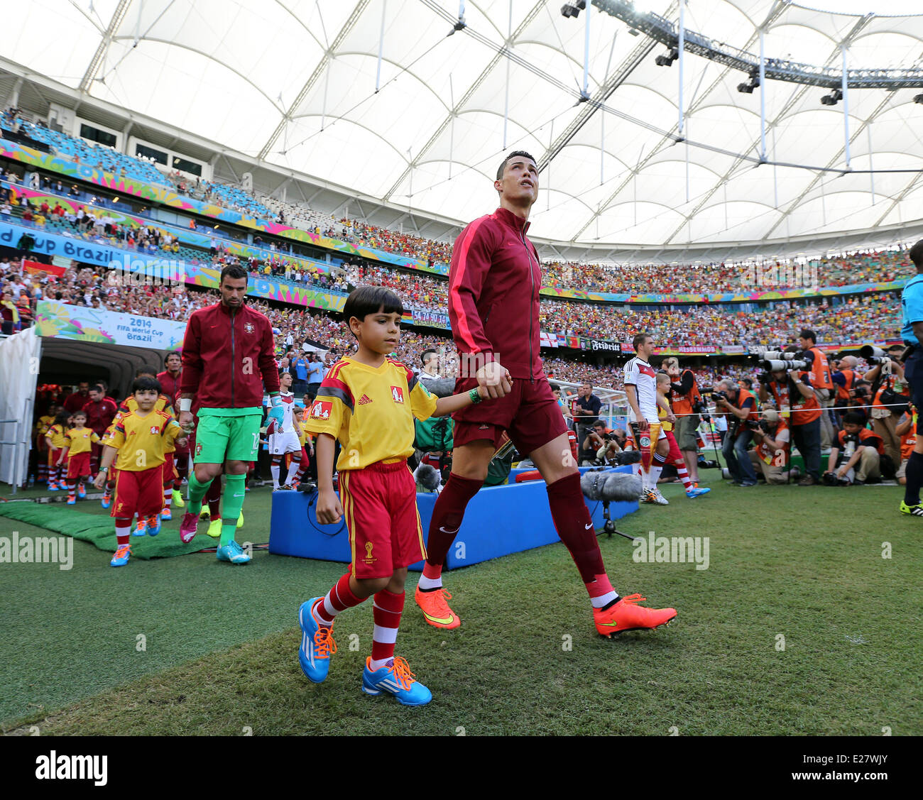 Salvador, Brazil. 16th June, 2014. World Cup finals 2014. Germany versus Portugal. Cristiano Ronaldo enter the pitch before kick off Credit:  Action Plus Sports/Alamy Live News Stock Photo