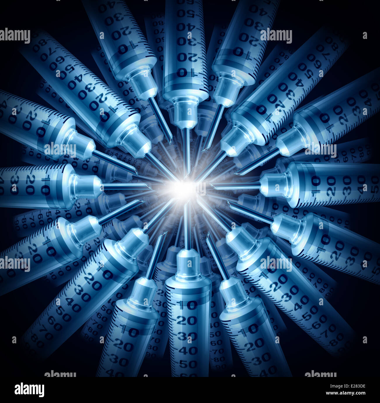 Immunizations and vaccination protection for influenza or other diseases with a group of syringes in a glowing radial pattern as a metaphor for medical health care disease control with medicine. Stock Photo