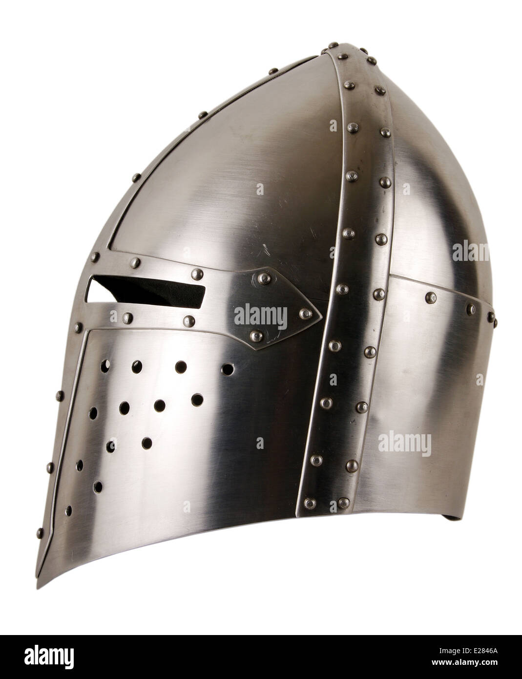 Iron helmet of the medieval knight. Very heavy headdress Stock Photo