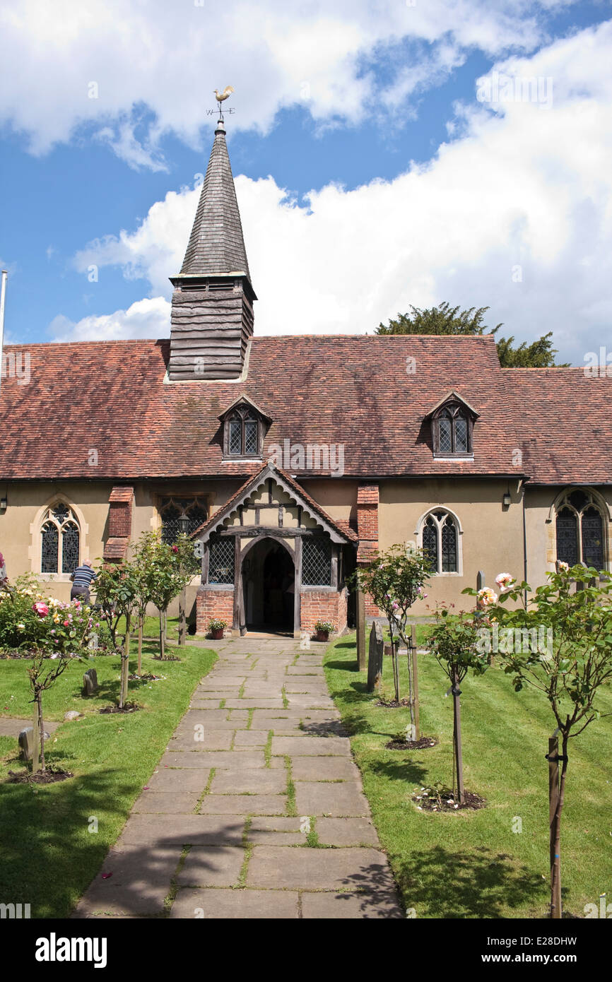 Front of St Giles Church, circa 14th century, on a sunny day. Ickenham