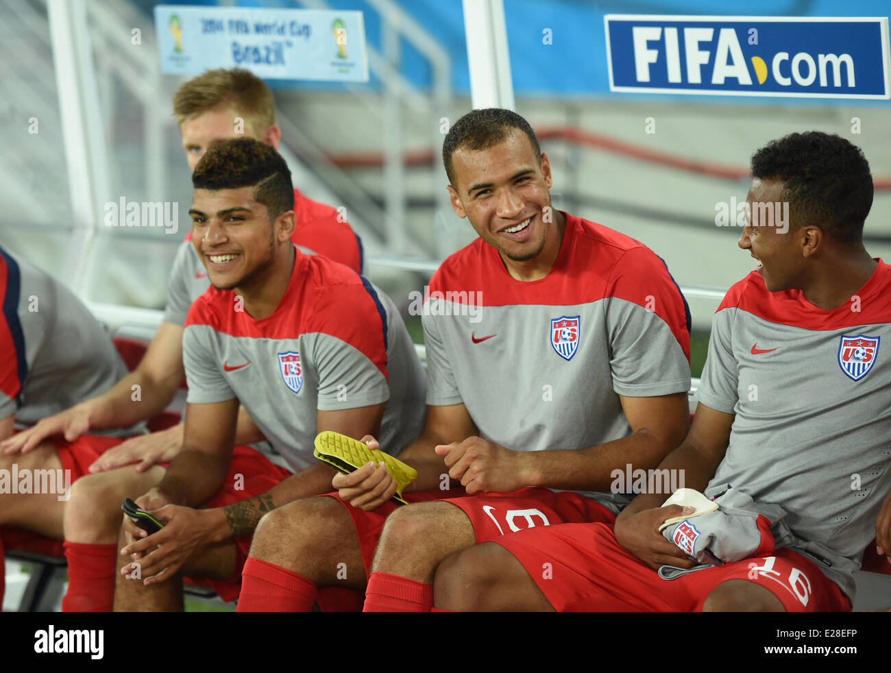 Natal, Brazil. 16th June, 2014. (L-R), Aron Johannsson, DeAndre Yedlin, John Brooks and Julian Green of USA sit on the bench before the FIFA World Cup 2014 group G preliminary round match between Ghana and the USA at the Estadio Arena das Dunas Stadium in Natal, Brazil, 16 June 2014. Credit:  dpa picture alliance/Alamy Live News Stock Photo