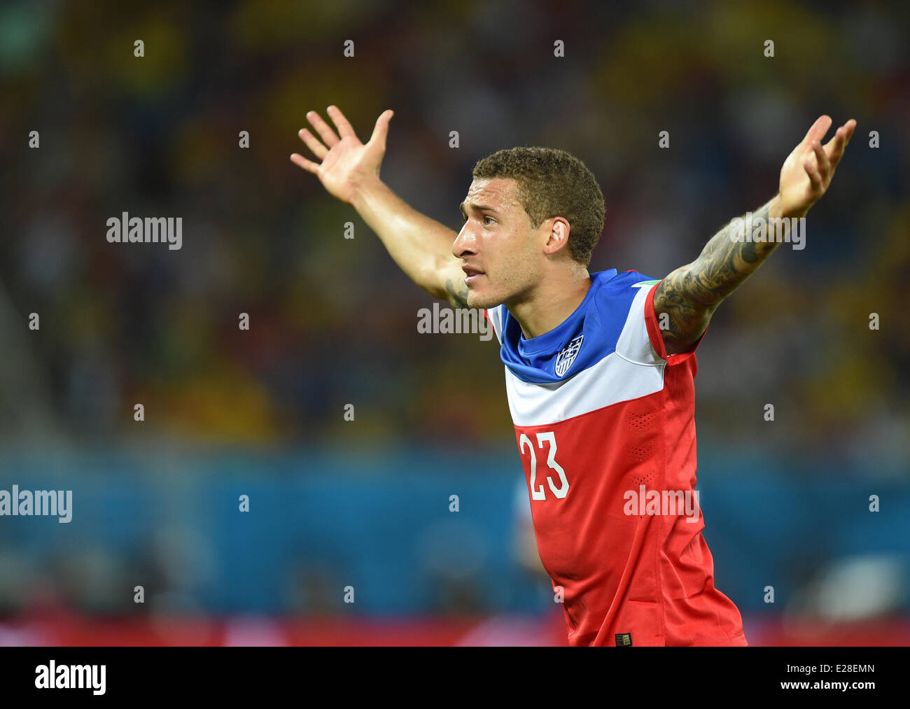Natal, Brazil. 16th June, 2014. Fabian Johnson of USA gestures during the FIFA World Cup 2014 group G preliminary round match between Ghana and the USA at the Estadio Arena das Dunas Stadium in Natal, Brazil, 16 June 2014. Credit:  dpa picture alliance/Alamy Live News Stock Photo