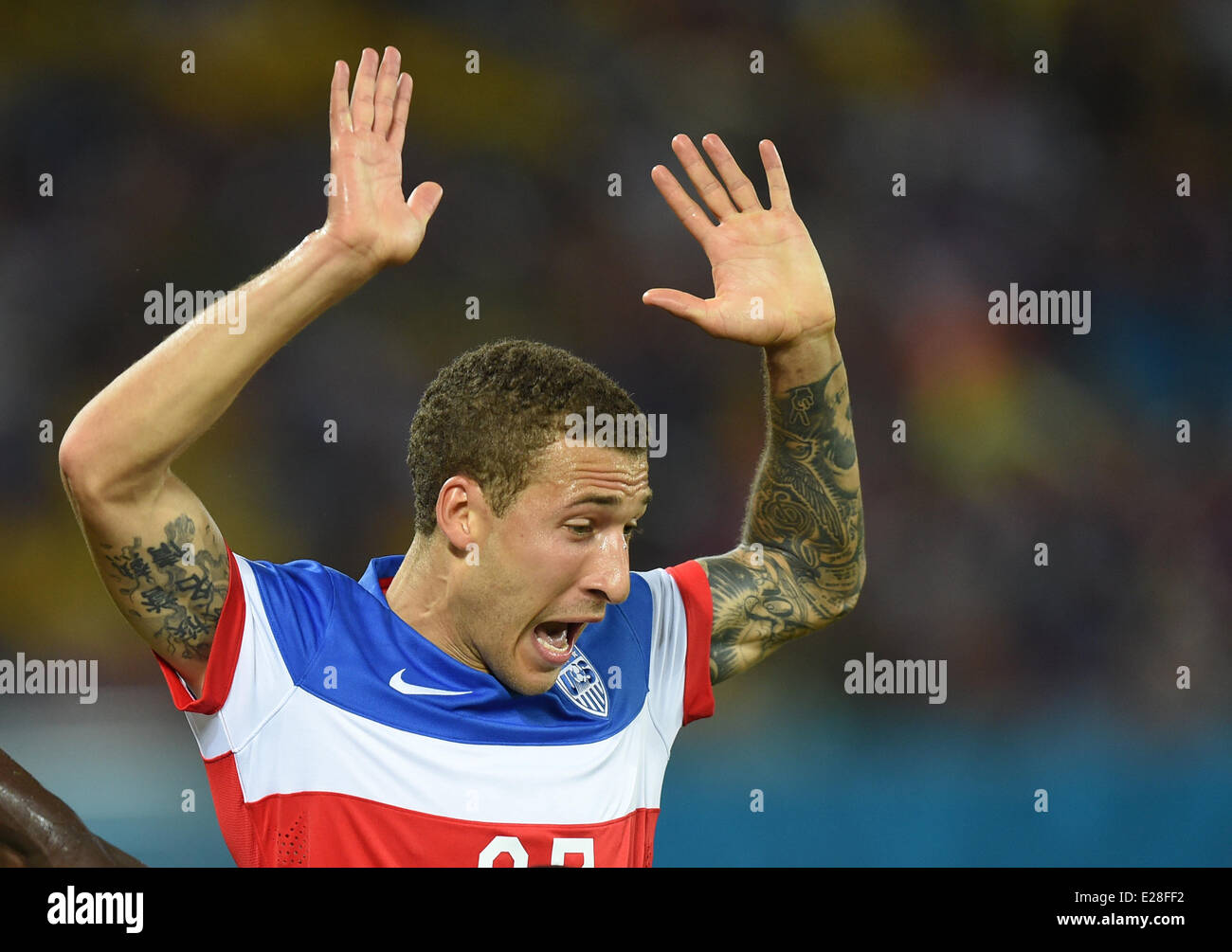 Natal, Brazil. 16th June, 2014. Fabian JOhnson of USA gestures during the FIFA World Cup 2014 group G preliminary round match between Ghana and the USA at the Estadio Arena das Dunas Stadium in Natal, Brazil, 16 June 2014. Credit:  dpa picture alliance/Alamy Live News Stock Photo