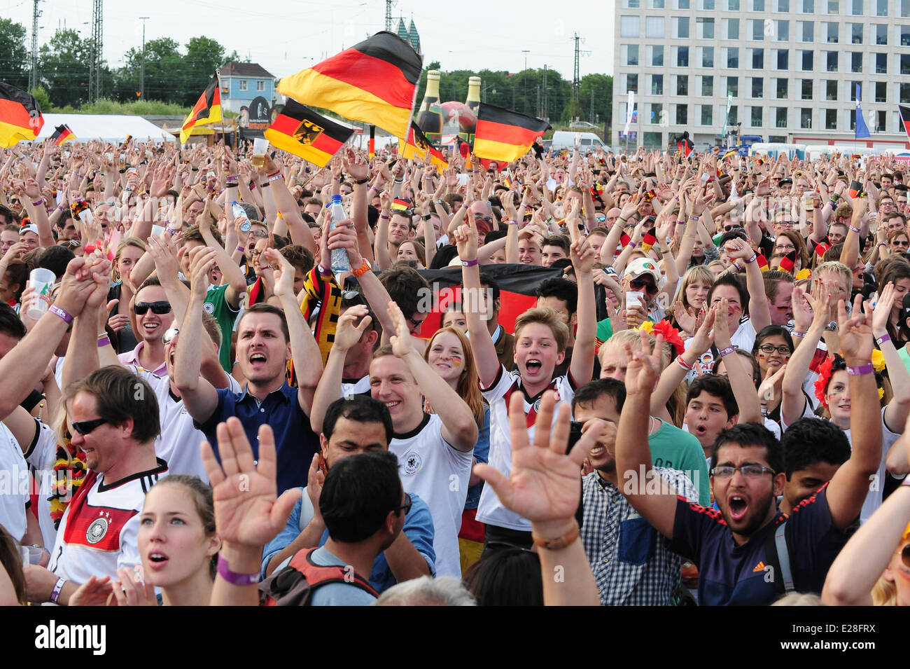 Freiburg, Germany. 16th June, 2014. More than ten thousand fans watch the game from the FIFA World Cup 2014 in Brazil between Germany and Portugal at a public viewing area in Freiburg. Germany wins with a devastating 4:0. Photo: Miroslav Dakov/ Alamy Live News Stock Photo