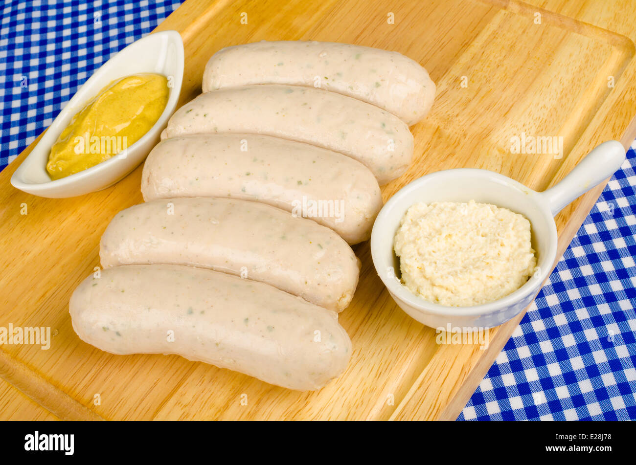 German Bratwurst sausages with mustard and horseradish, traditional food Stock Photo