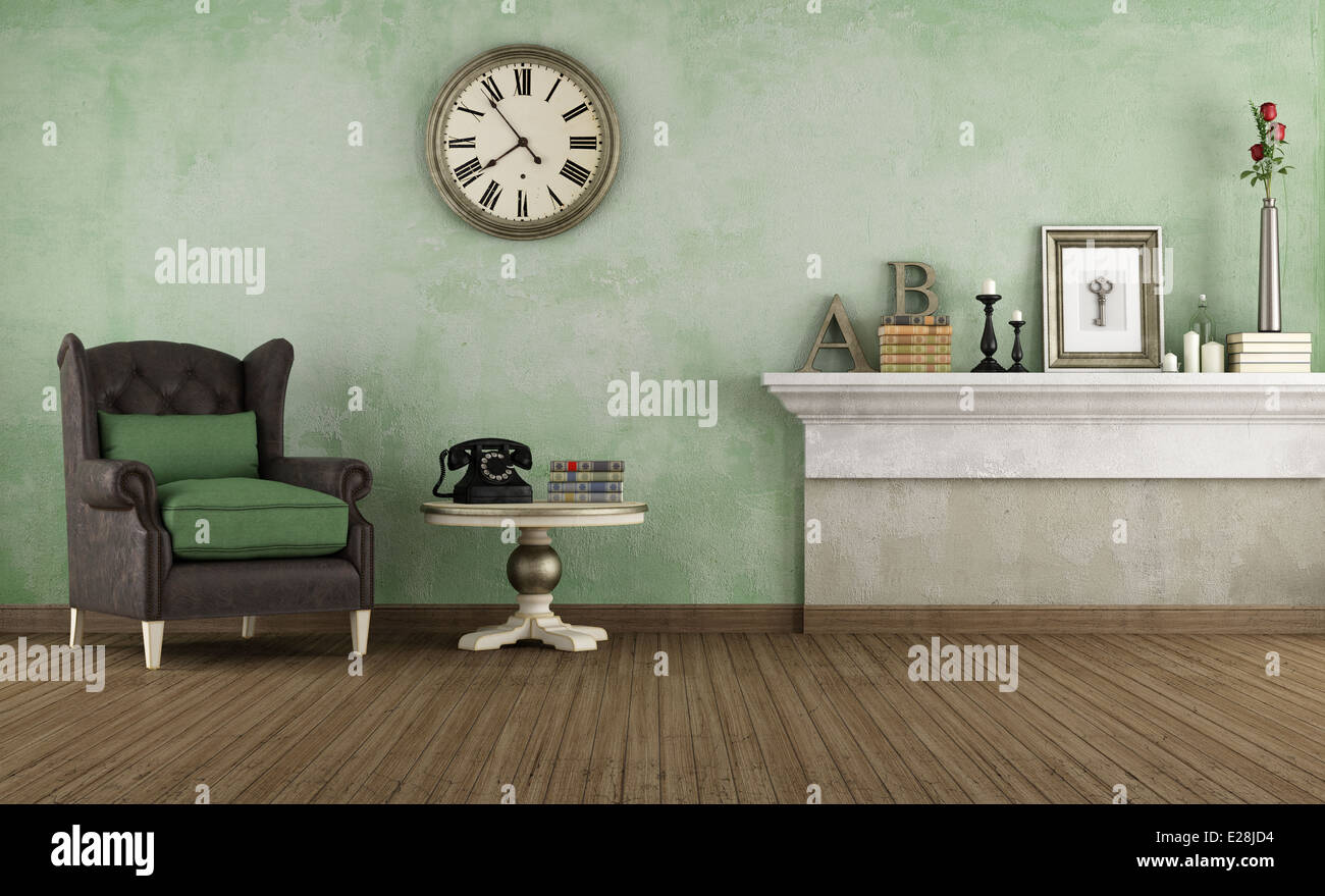 Old room with leather armchair and vintage objects - rendering Stock Photo
