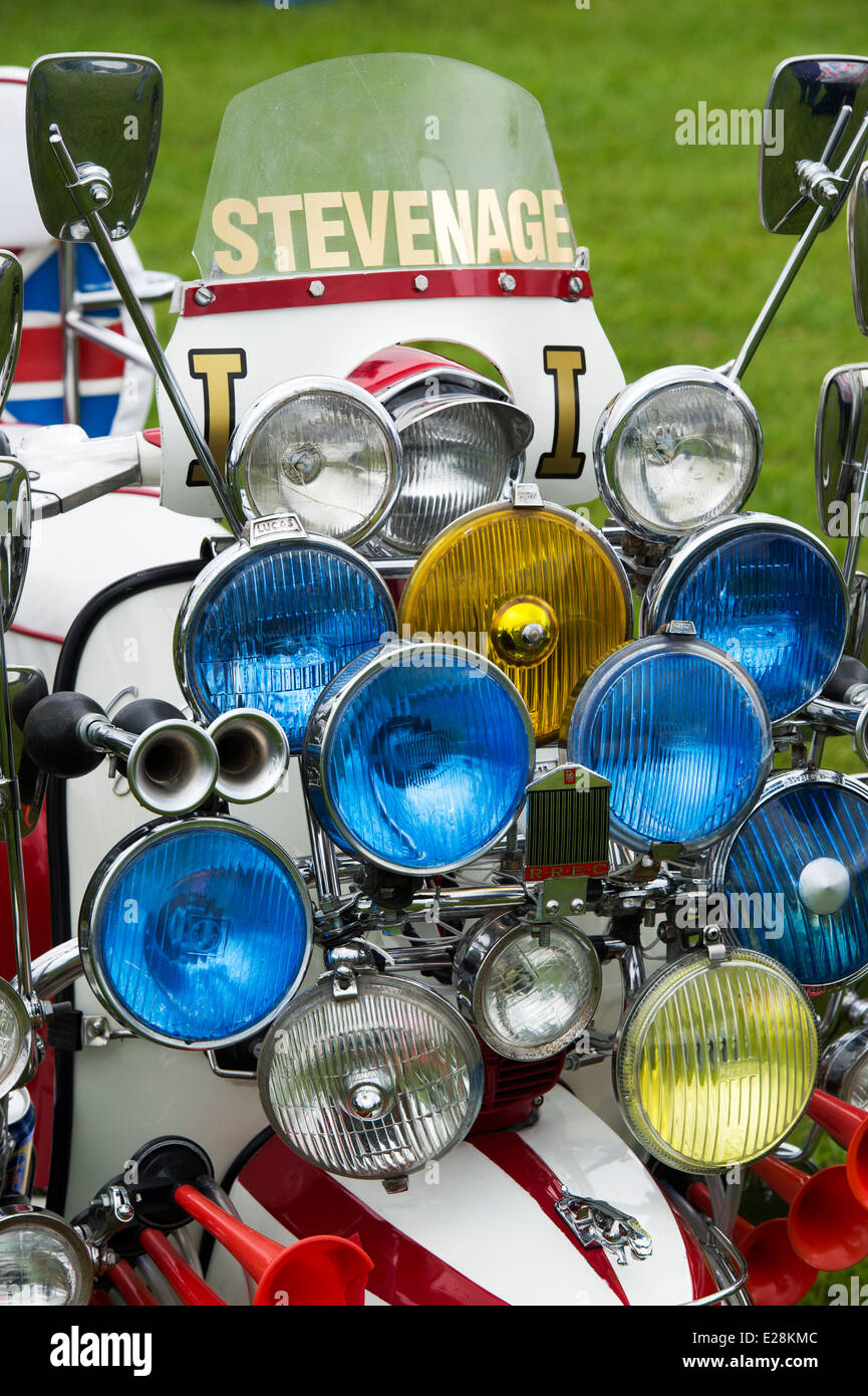 Mods vespa custom scooter with mirrors, lights and logos Stock Photo