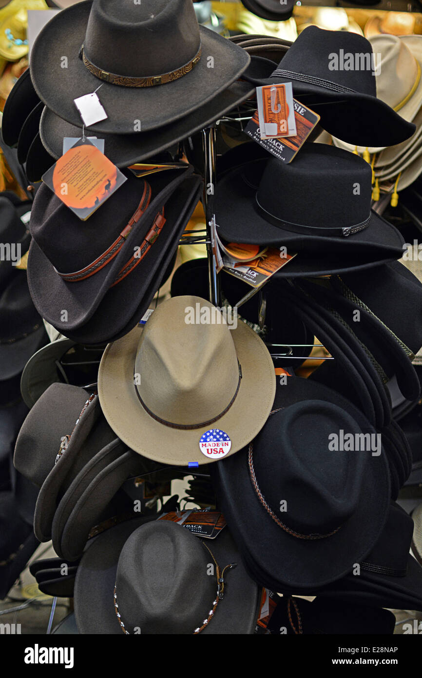 Many styles of cowboy hats for sale at Beaver Creek Hat & Leathers in Jackson Hole, Wyoming. Stock Photo